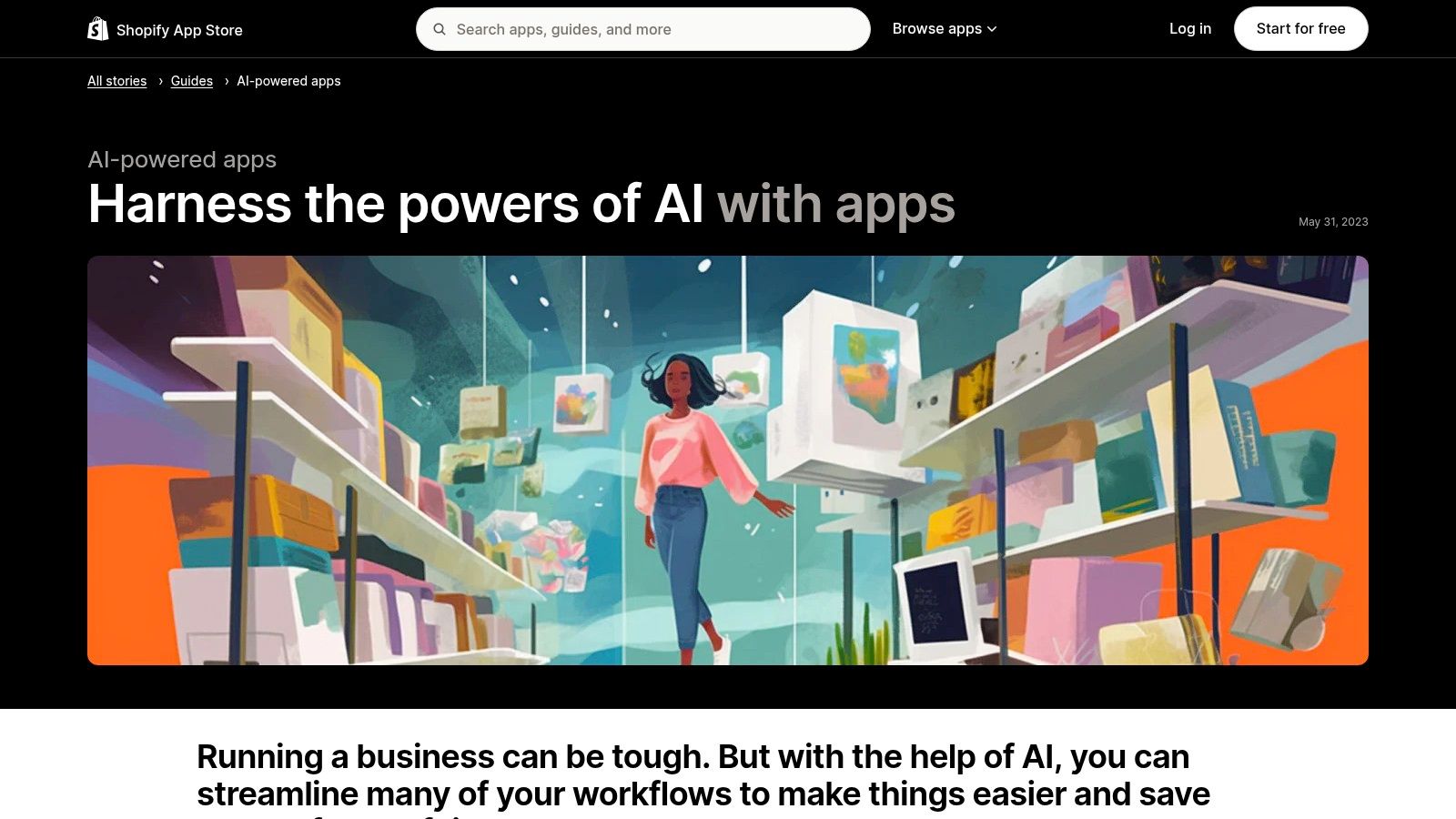 The Shopify App Store page showcasing its curated collection of AI-powered apps for ecommerce.