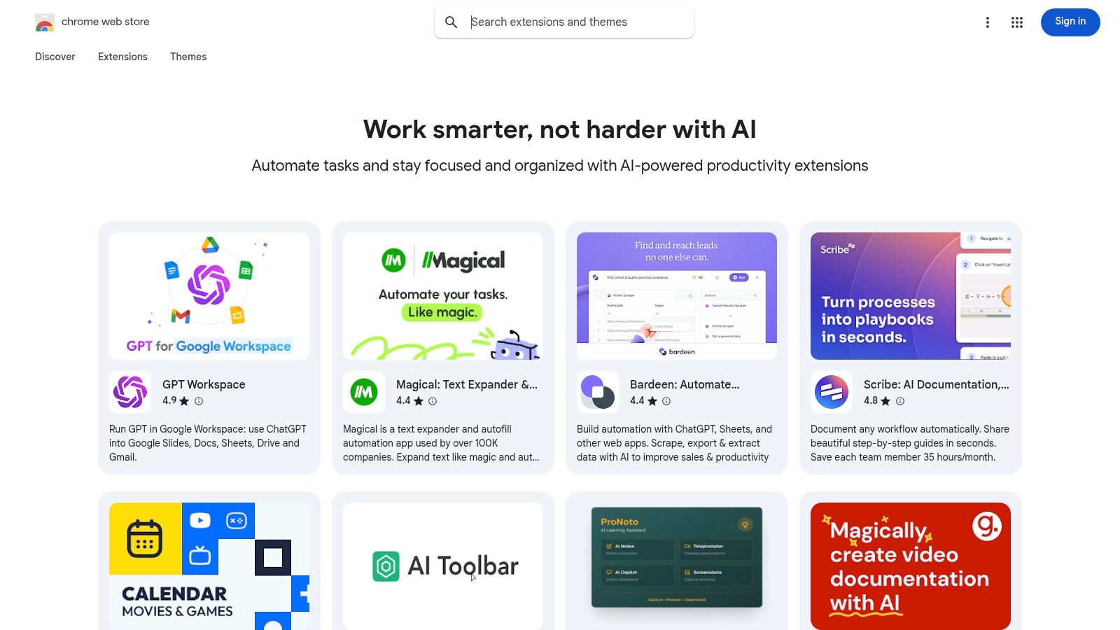 A screenshot of the Chrome Web Store collection of AI productivity extensions, showing various tools like Grammarly and Scribe.