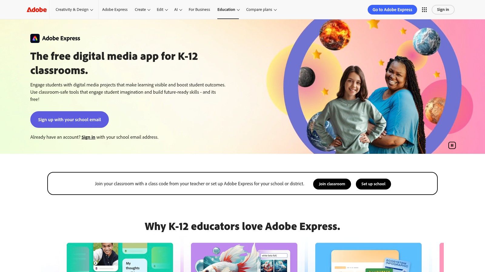 A screenshot of the Adobe Express interface showing a user creating a colourful graphic for a school project.