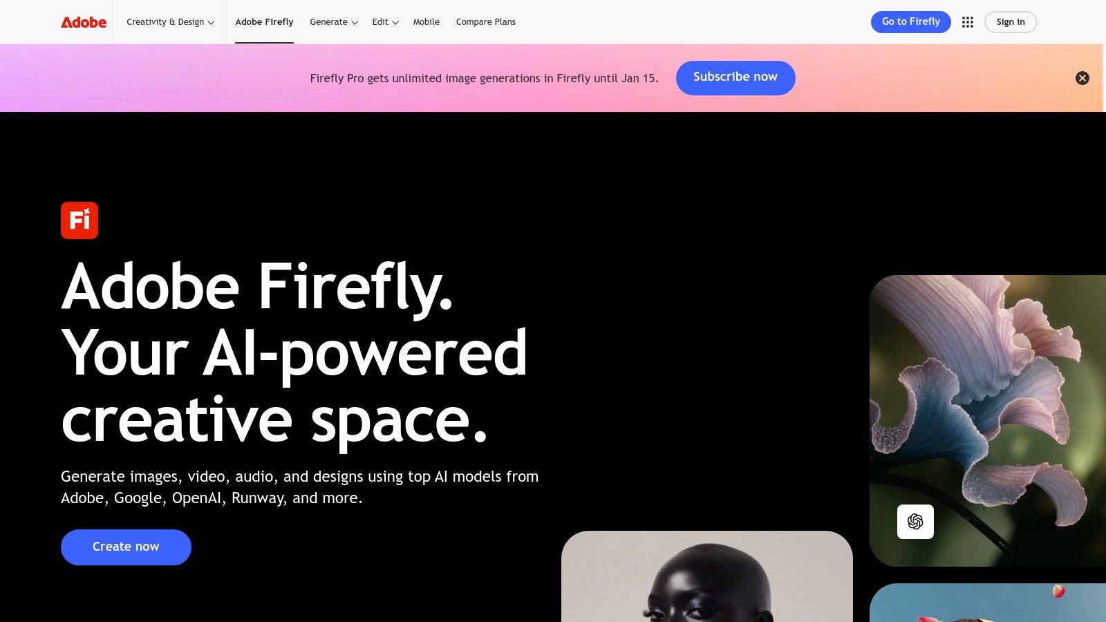 The Adobe Firefly web interface showing various generative AI tools like Text to Image and Generative Fill.