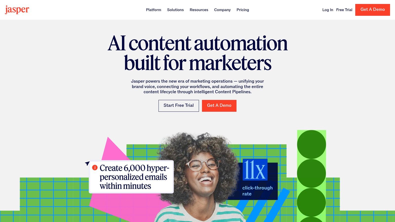 The Jasper interface showcasing its campaign creation canvas, a tool for orchestrating multi-asset marketing content.