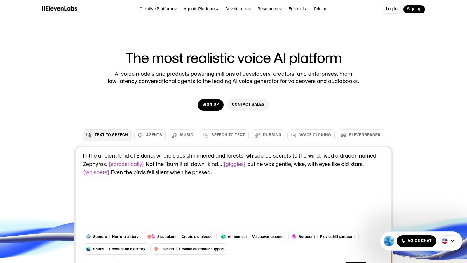 ElevenLabs platform user interface showing text-to-speech generation options, including voice selection and stability settings.