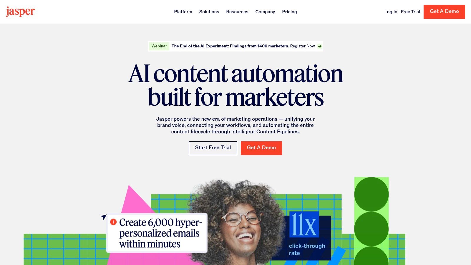 A user interacting with the Jasper AI platform, showing its interface for creating on-brand marketing copy.
