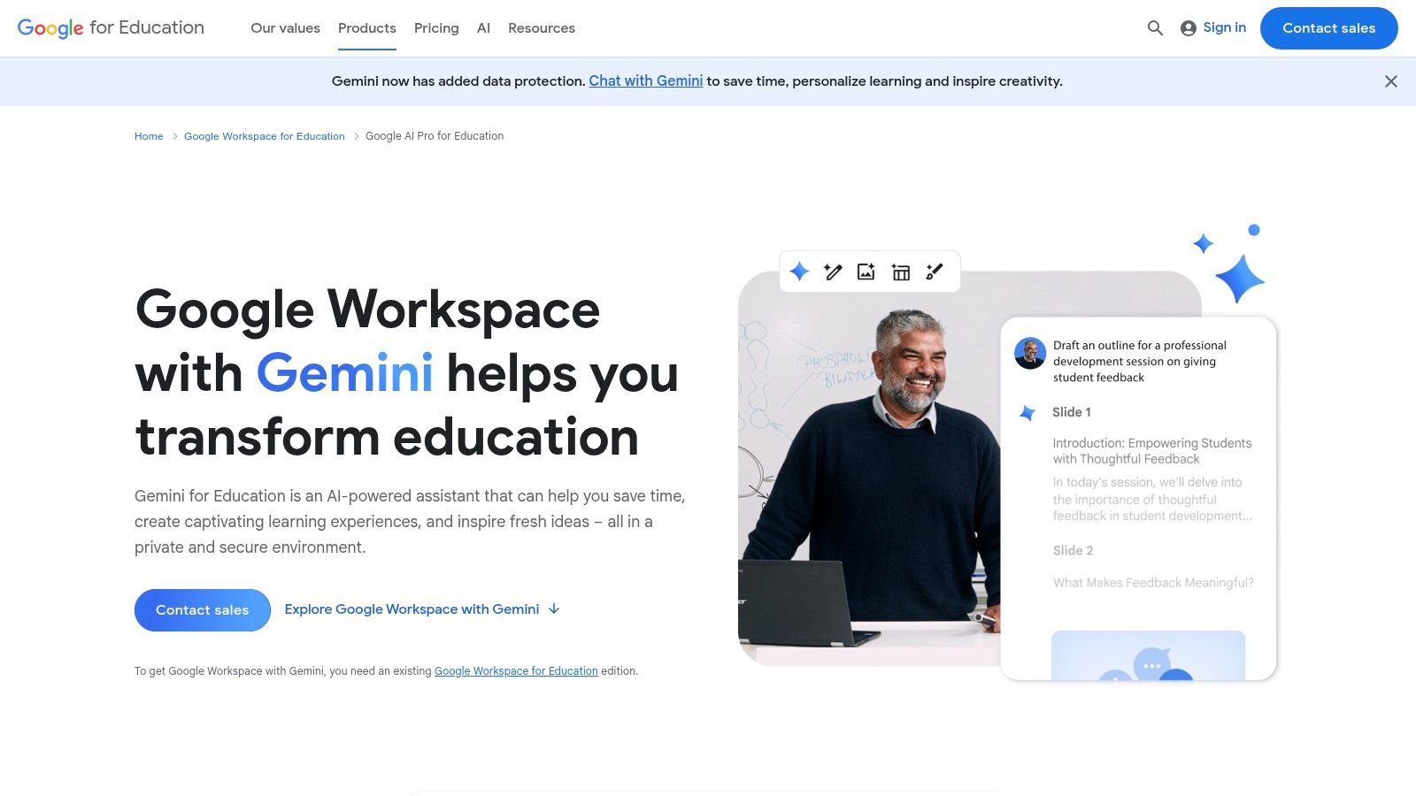 Google Workspace for Education with Gemini Education add-ons user interface showing AI features in Google Docs.