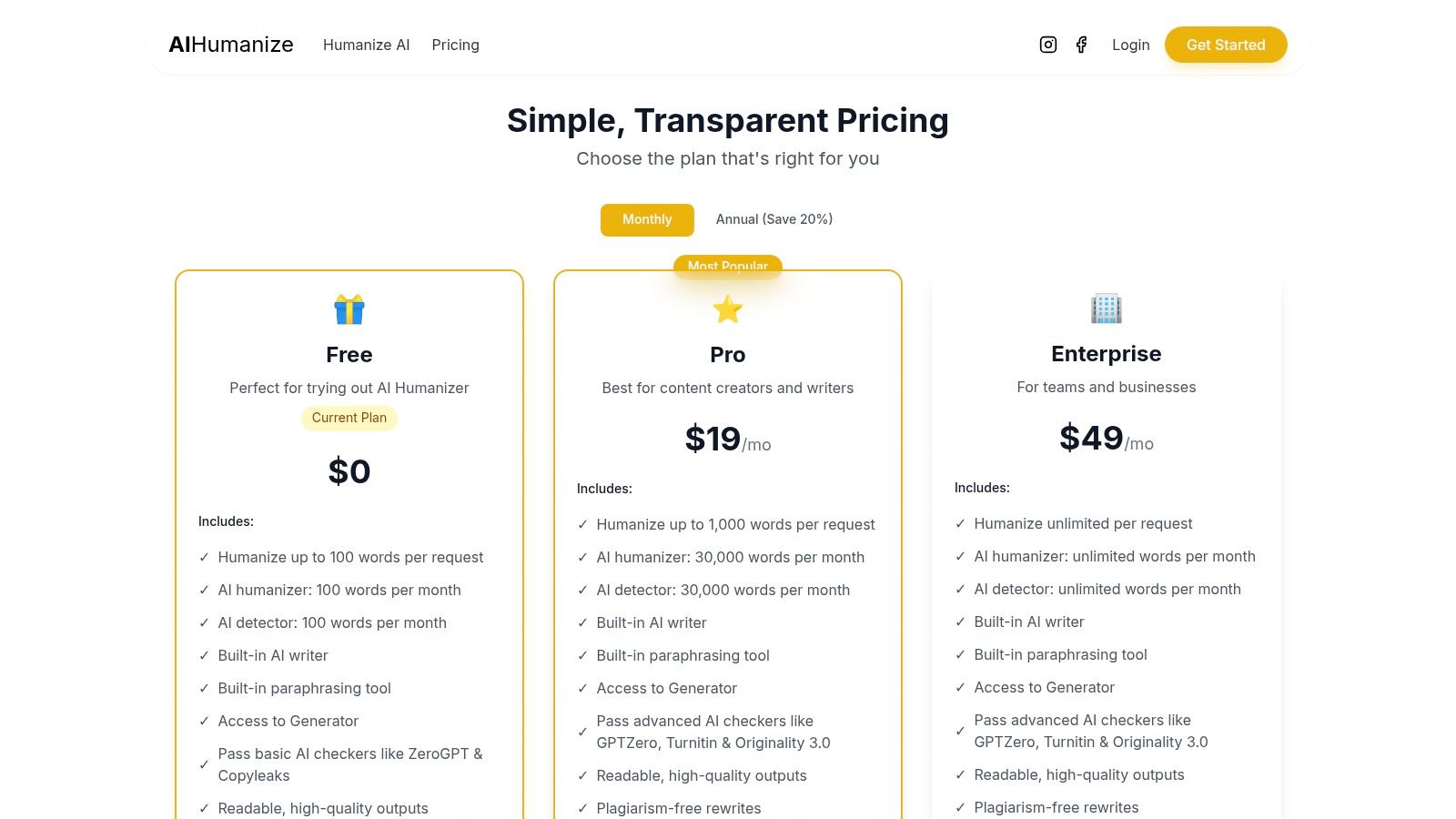 AIHumanize.us pricing plans showing different tiers with word and request caps
