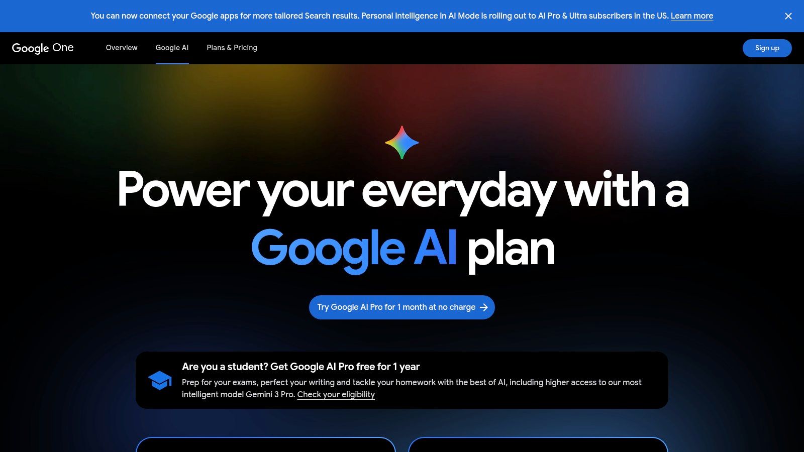 A screenshot of the Google One AI Premium plan page, showcasing the Gemini Advanced feature and its integration into Google apps like Docs, Gmail, and Sheets.