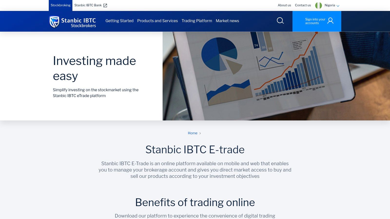 A screenshot of the Stanbic IBTC Stockbrokers E-Trade platform dashboard, showing market data, portfolio summary, and trade execution options.