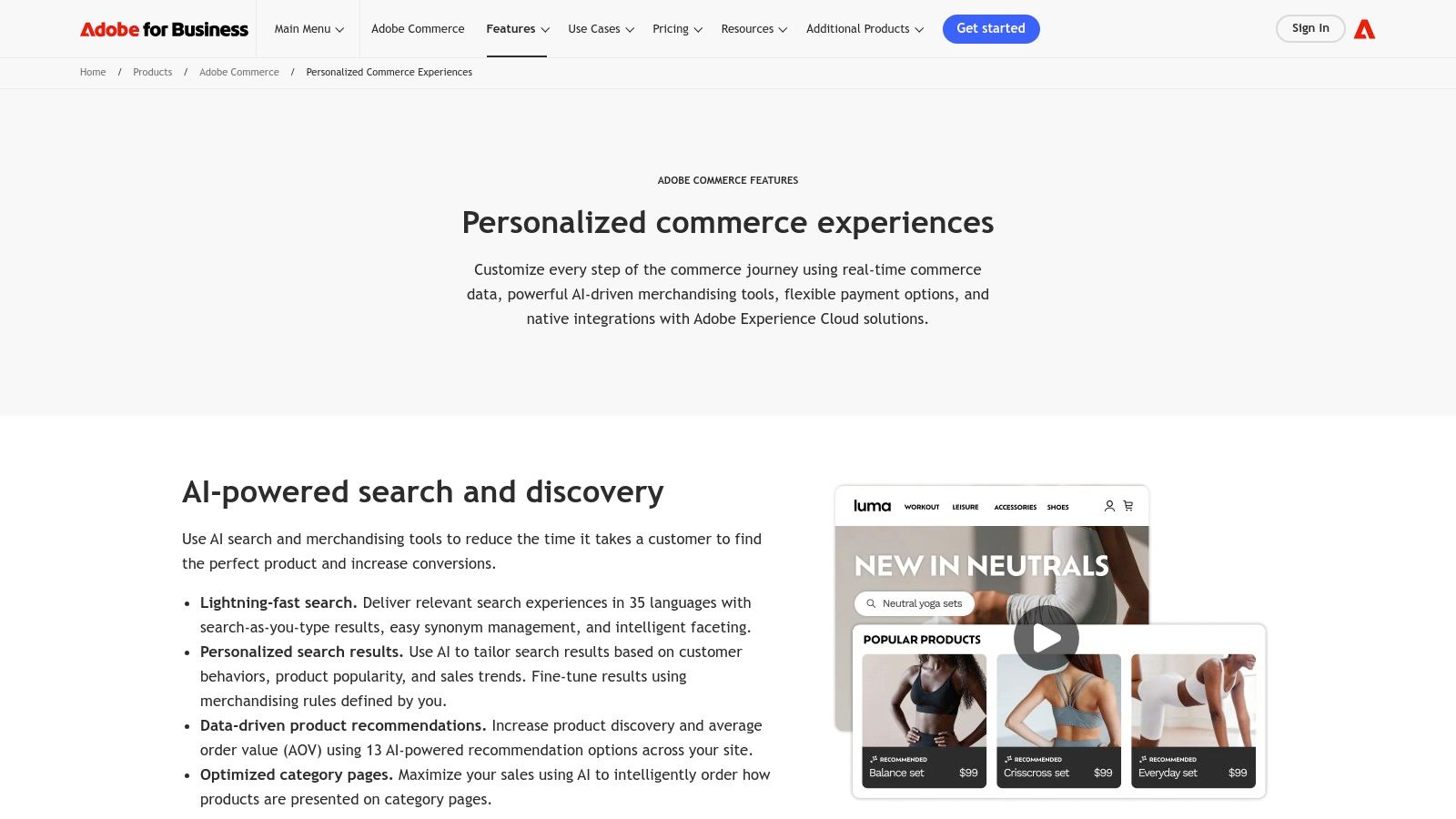 A diagram illustrating how Adobe Sensei AI powers personalized commerce experiences within Adobe Commerce.
