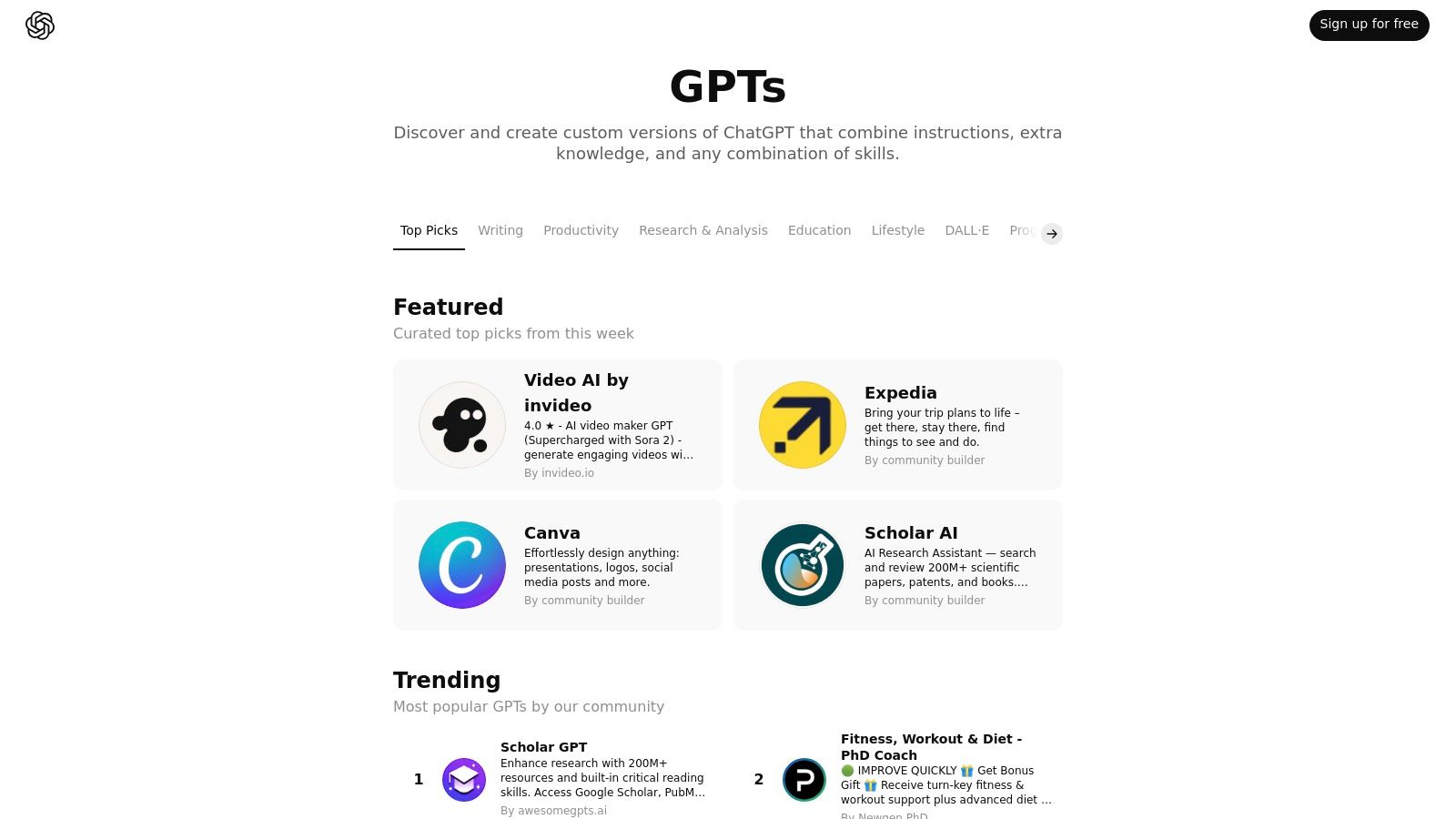 A screenshot of the OpenAI GPT Store interface, showing various categories and featured GPTs. Alt text: OpenAI GPT Store homepage showcasing curated GPTs for various business tasks.