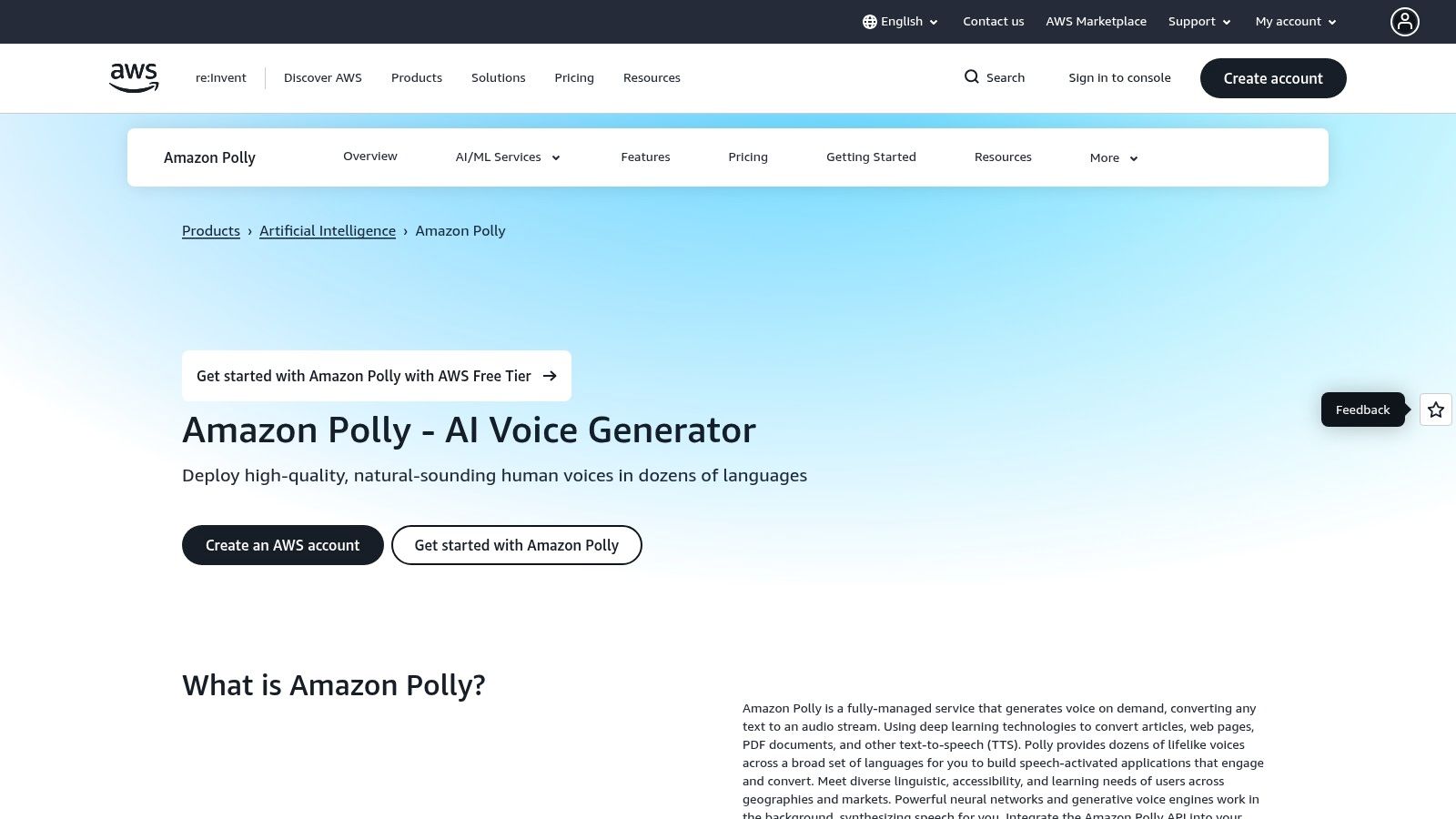 Amazon Polly user interface within the AWS Management Console, showing options for selecting voice engine, language, and inputting text for synthesis.