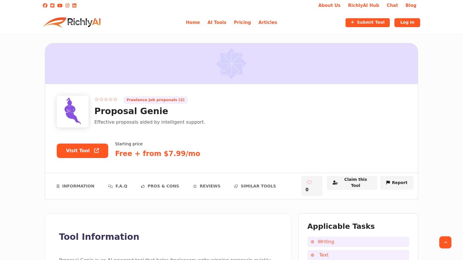 A screenshot of the Proposal Genie interface, showing a generated project proposal next to a job description from a freelance platform.