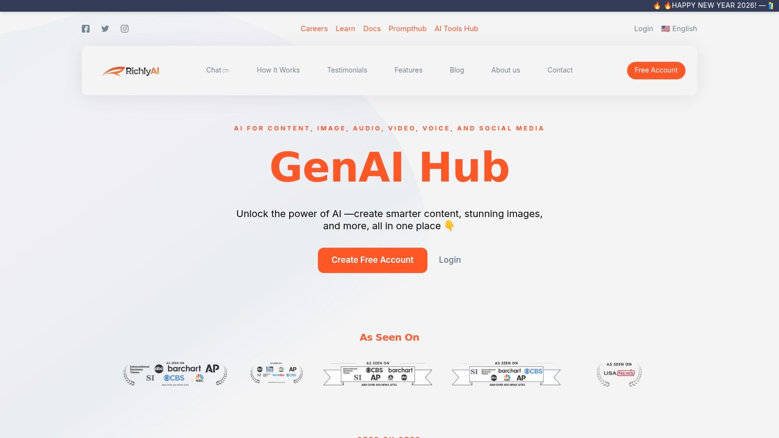 The RichlyAI platform dashboard, showcasing its versatile AI tools for content creation and discovery.