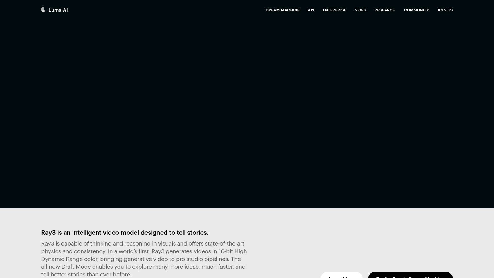 The Luma AI Dream Machine interface showing a text prompt input field and a gallery of generated video clips.