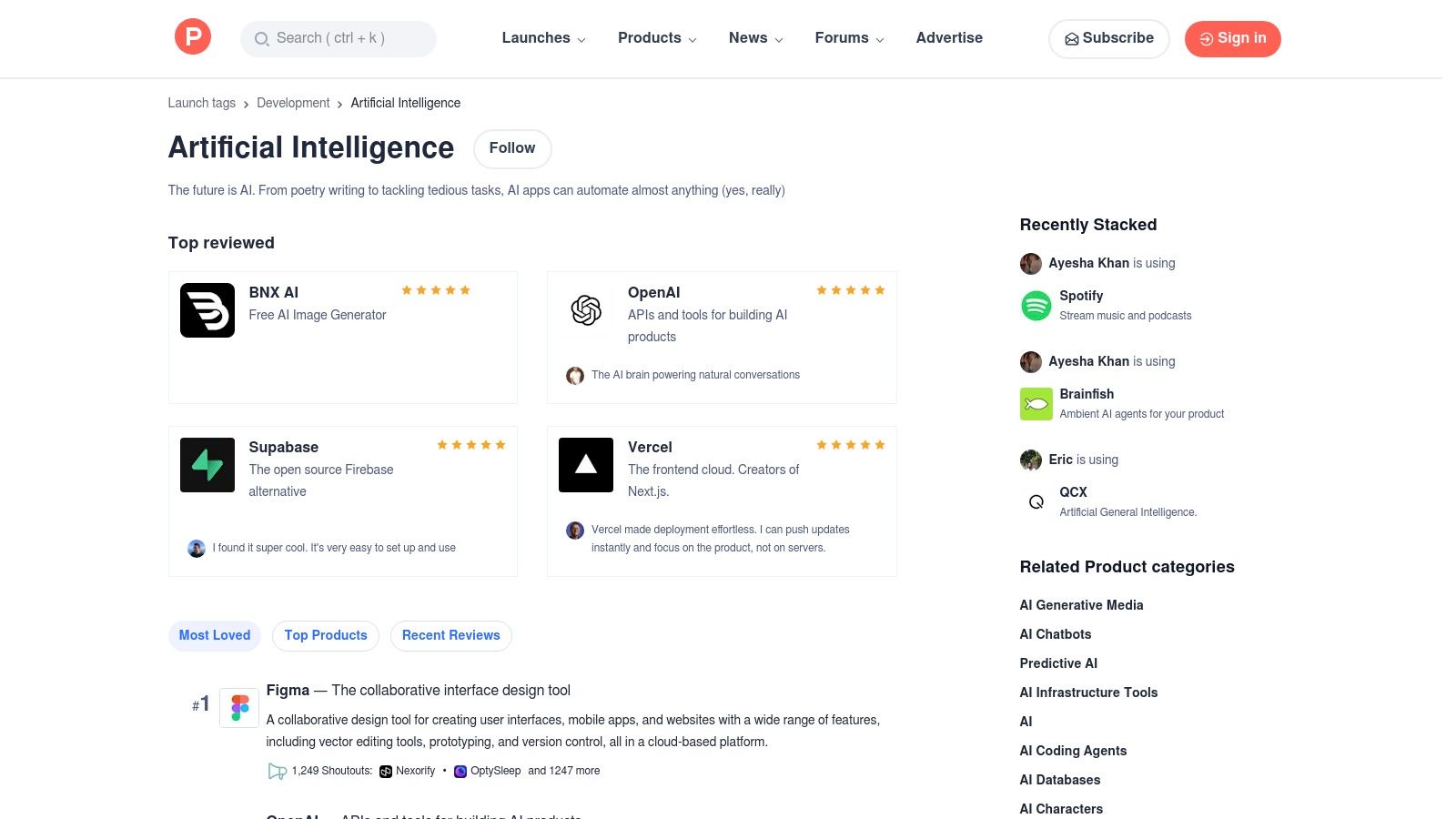 A screenshot of the Product Hunt website showing the Artificial Intelligence topic page, with a list of recently launched AI products.