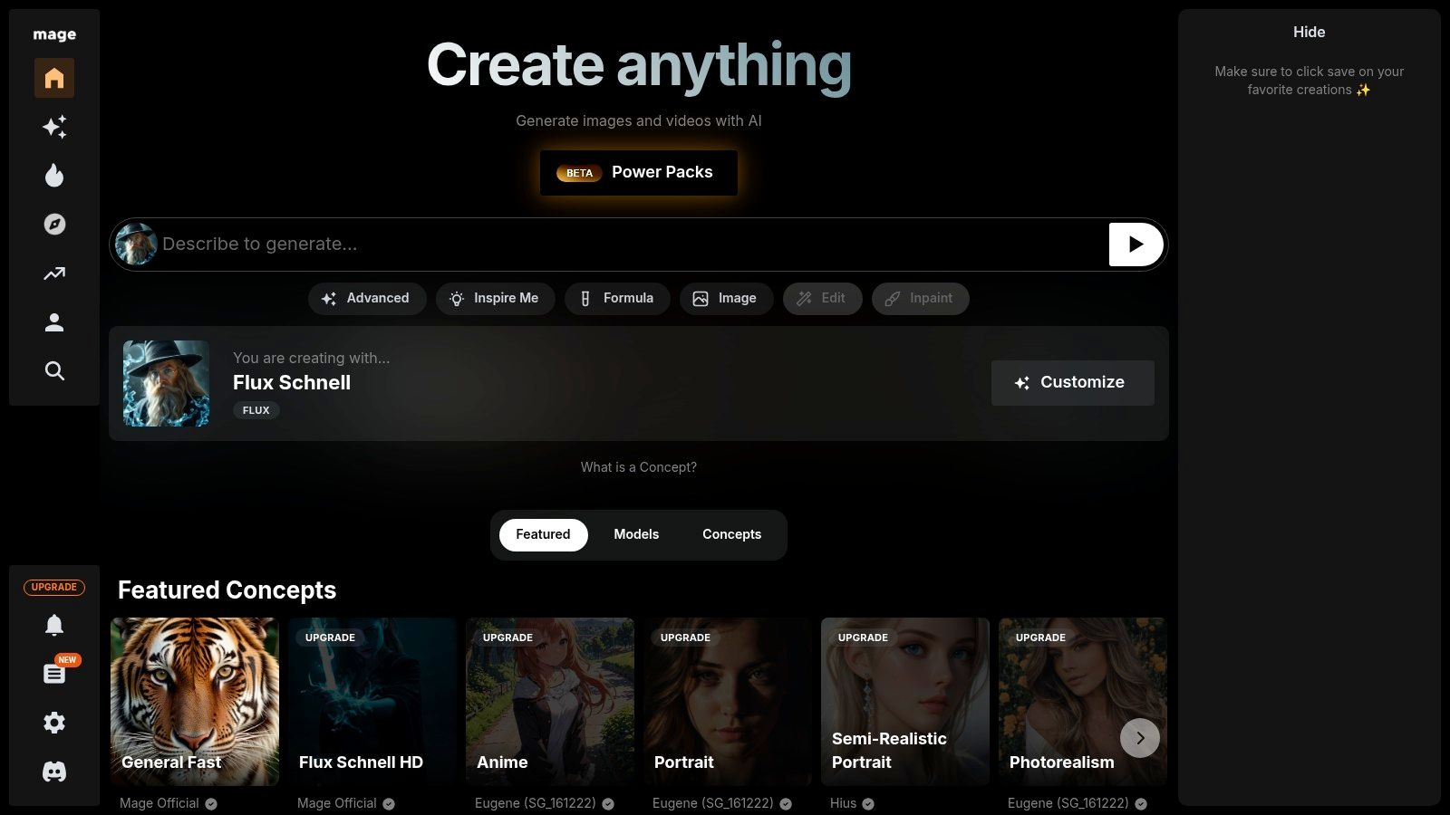 The Mage.space interface showing an image generation prompt area and various advanced settings like model selection and negative prompts.