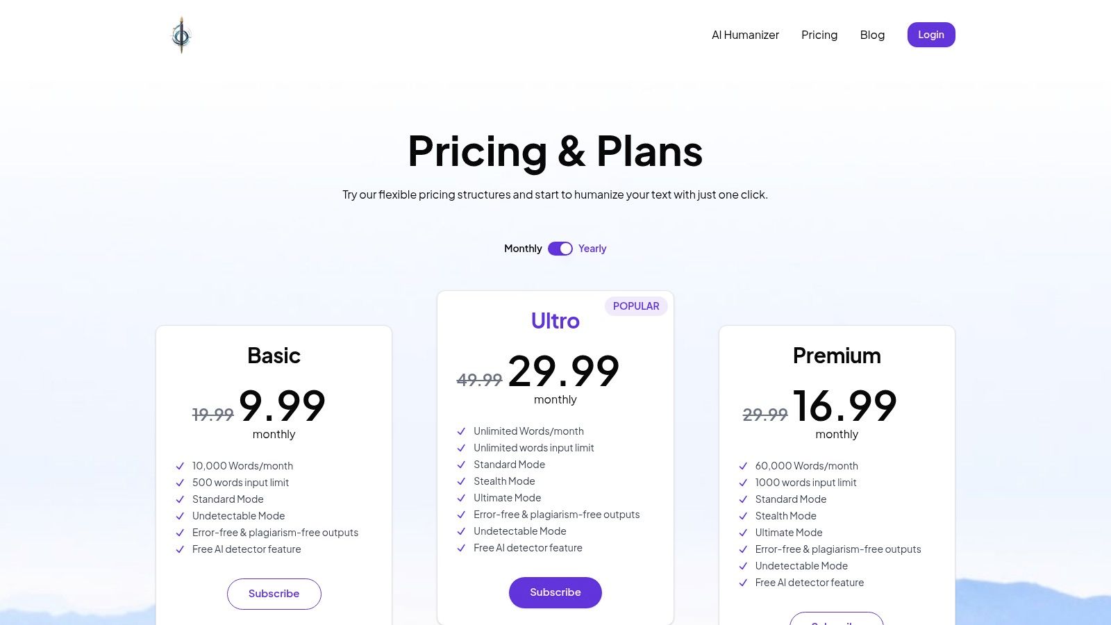 Pricing plans for HumanizeText.ai showing different tiers and features