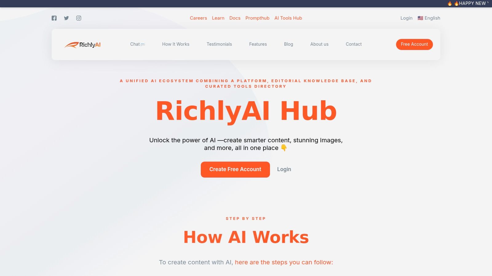 A screenshot of the RichlyAI platform interface, showcasing its multimodal capabilities for creating text, images, and other AI-generated content.