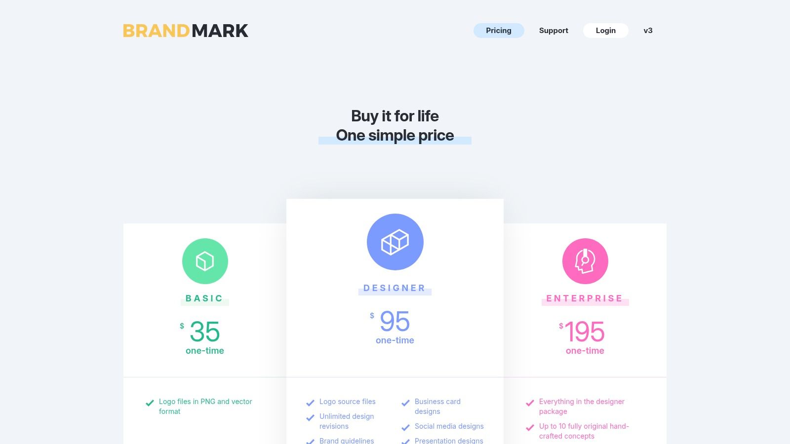 A screenshot of the Brandmark.io interface showing various AI-generated logo options for a fictional company named "Quantum," with different color schemes and icons.