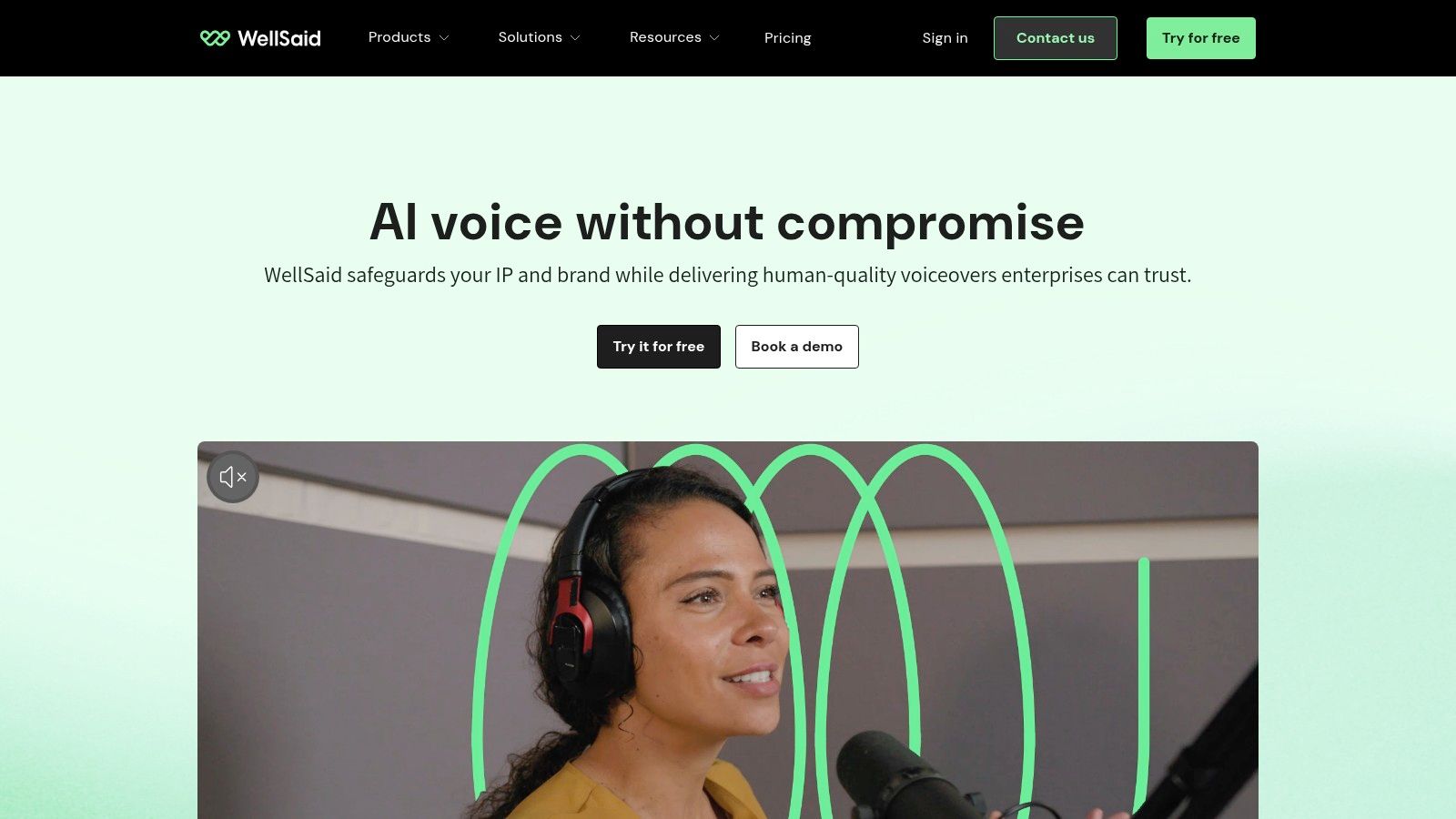 WellSaid Labs studio interface showing script input, voice avatar selection, and audio generation controls.