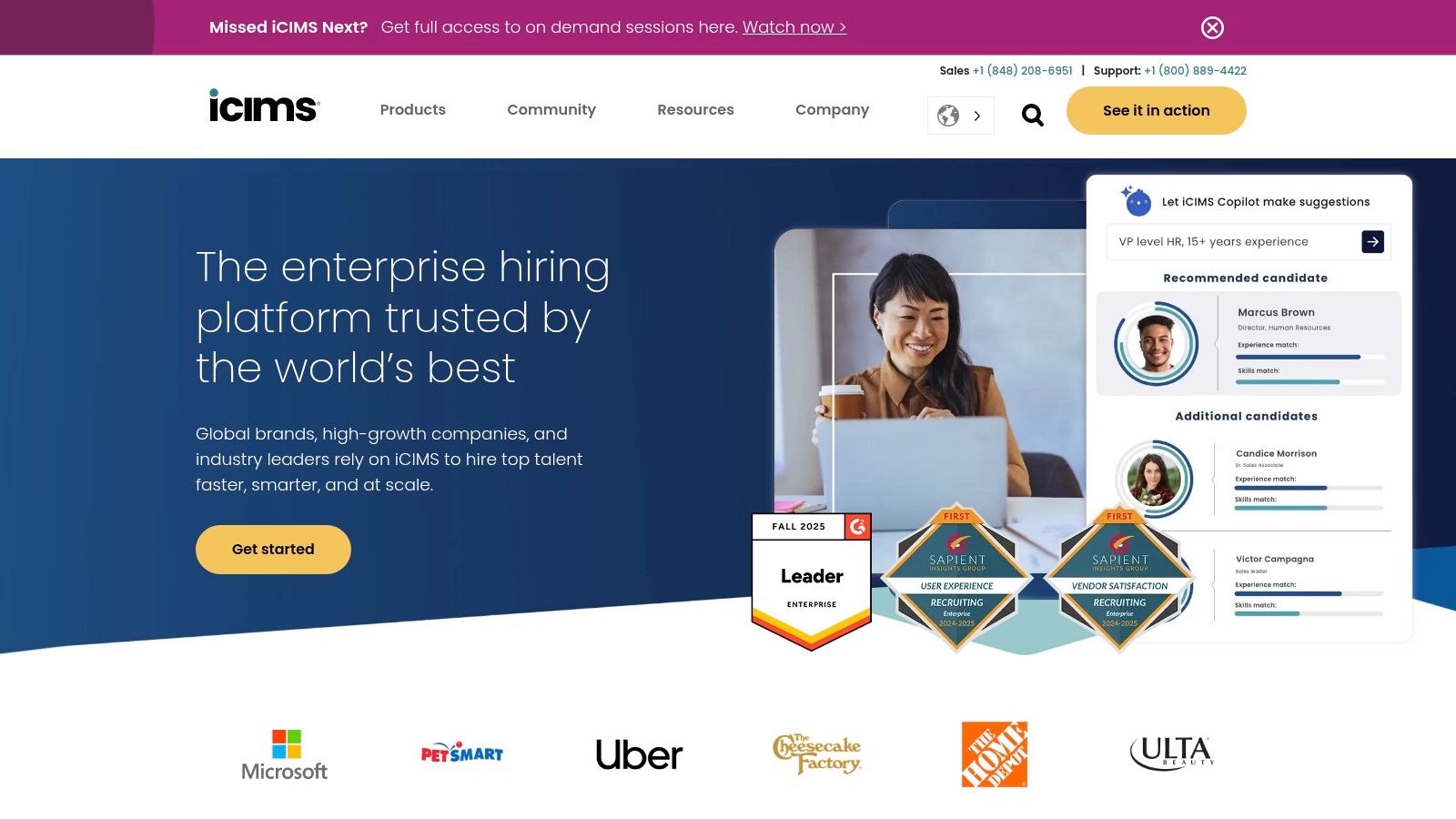 The iCIMS Talent Cloud dashboard displaying applicant tracking and recruitment analytics.
