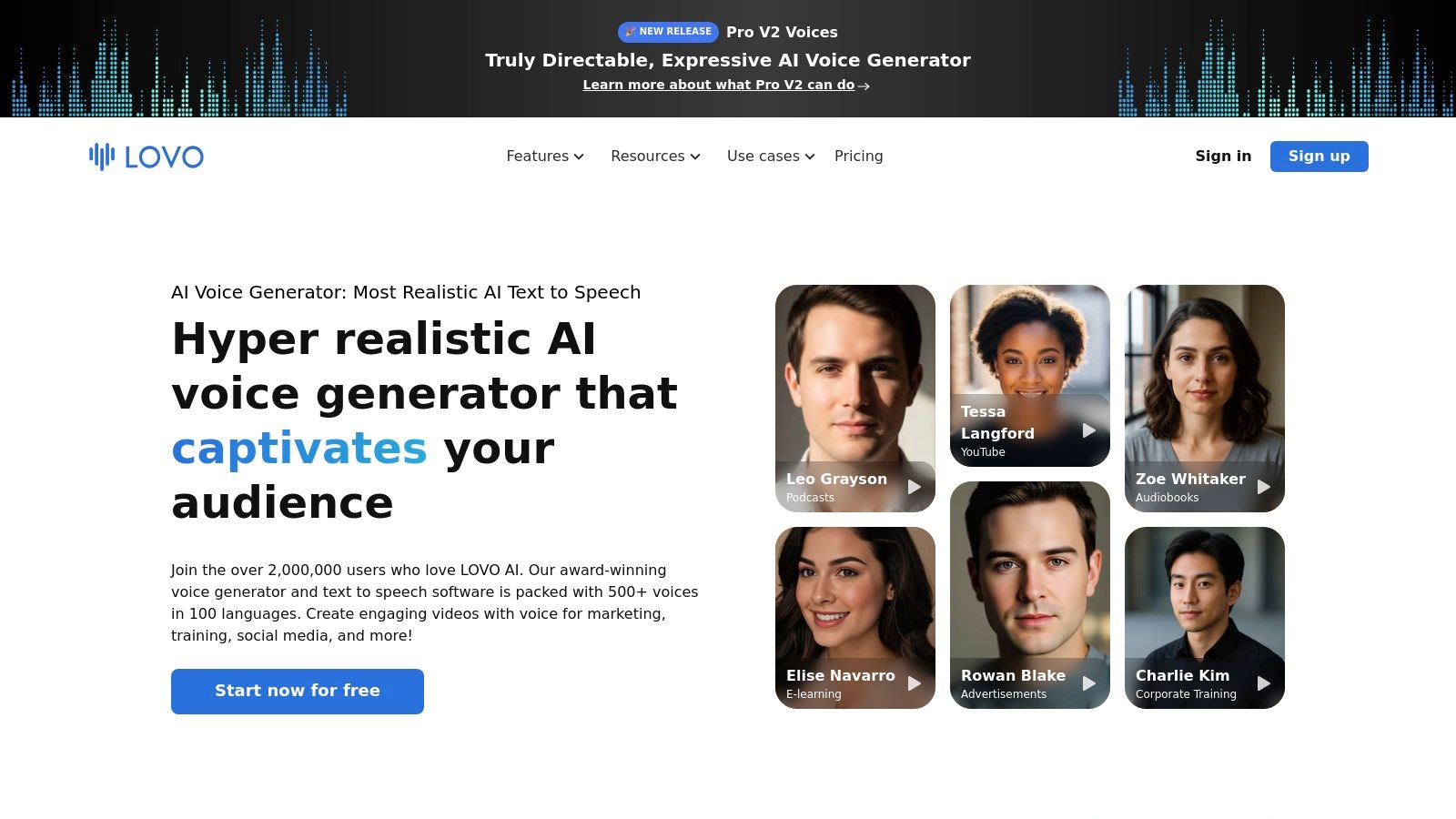 LOVO AI's Genny platform showing the voiceover and video editing interface.