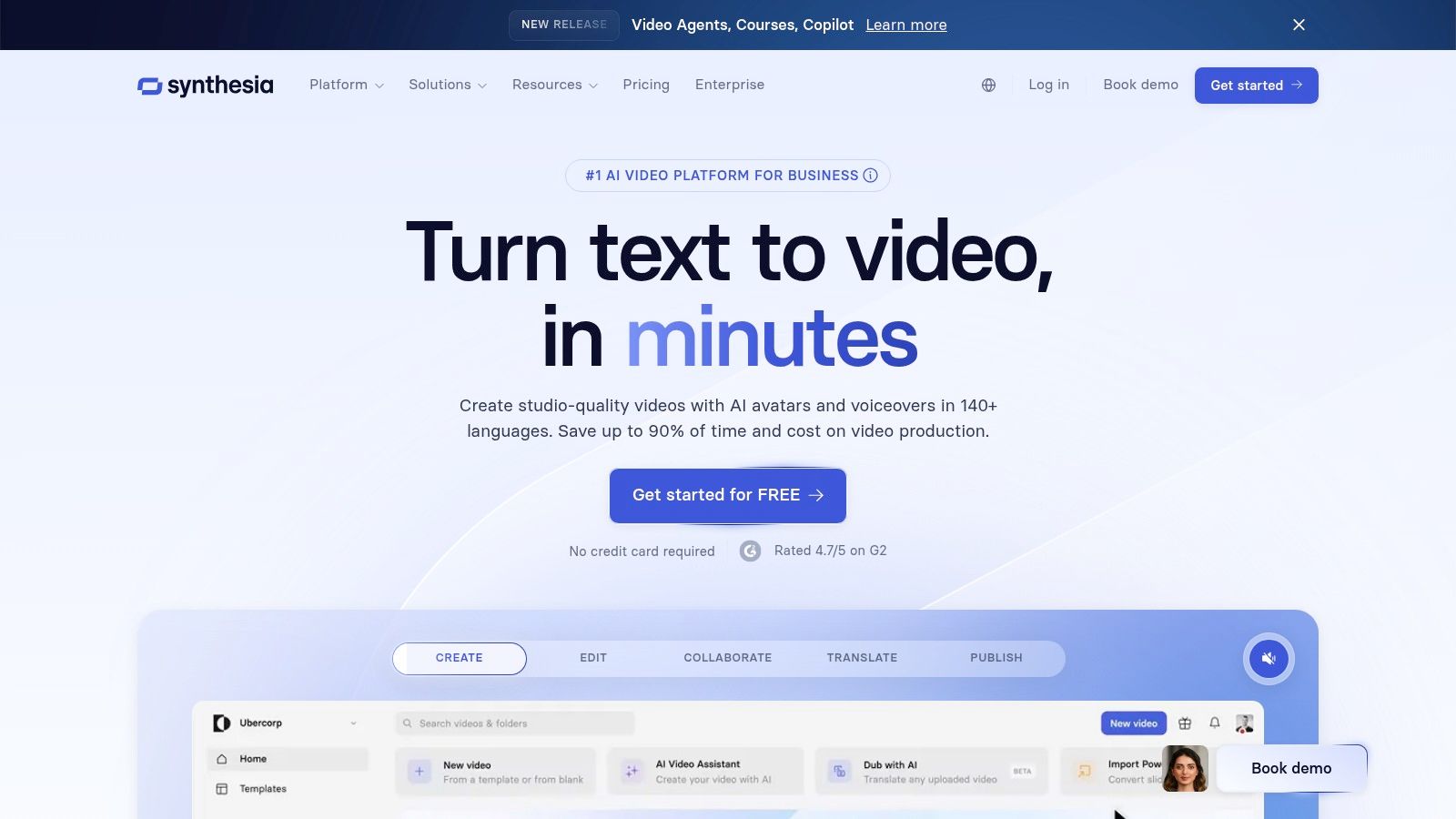The Synthesia interface showing an AI avatar, a script box, and video timeline.