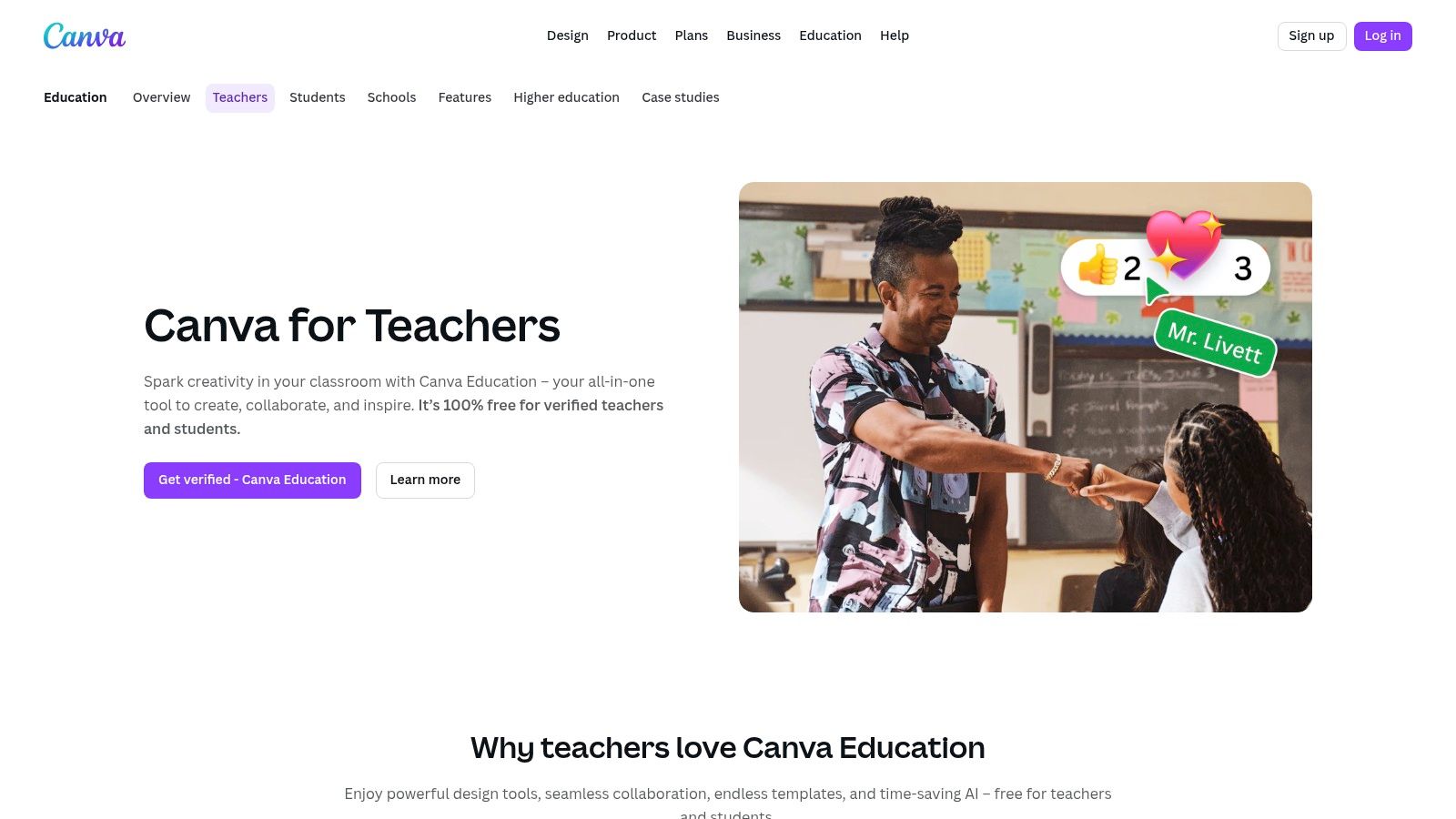 An educator using Canva for Education's interface to design a colorful classroom presentation on a laptop.