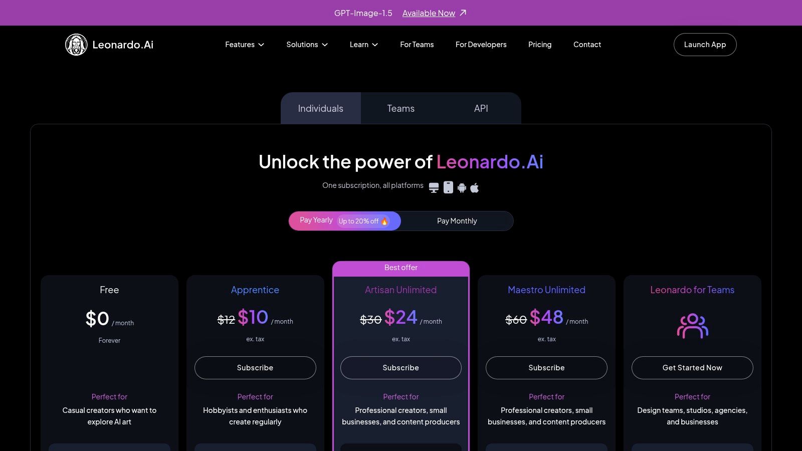 A screenshot of the Leonardo.ai pricing page, showing different subscription tiers with token allocations and feature sets.
