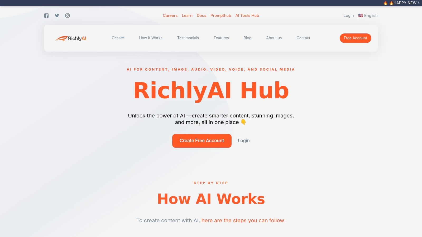 RichlyAI platform interface showcasing its AI tools hub and content generation features.