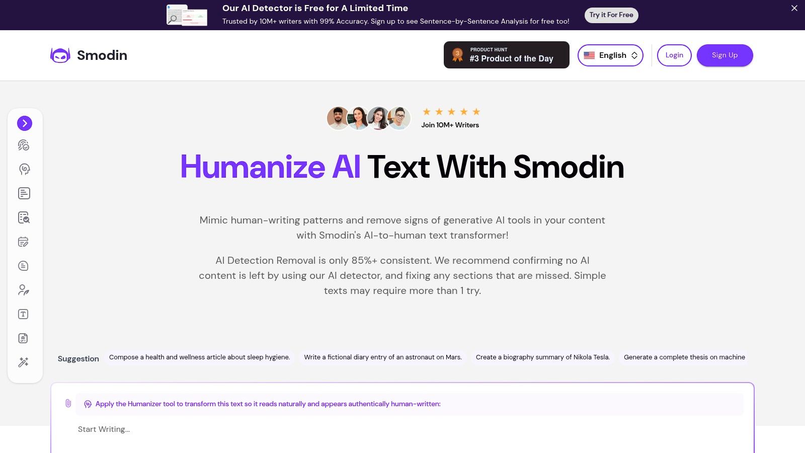 Smodin AI Humanizer interface showing text input and humanization options.