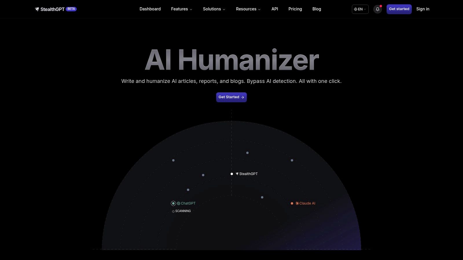 A screenshot of the StealthGPT user interface showing the input and output text boxes for its AI humanizer tool.
