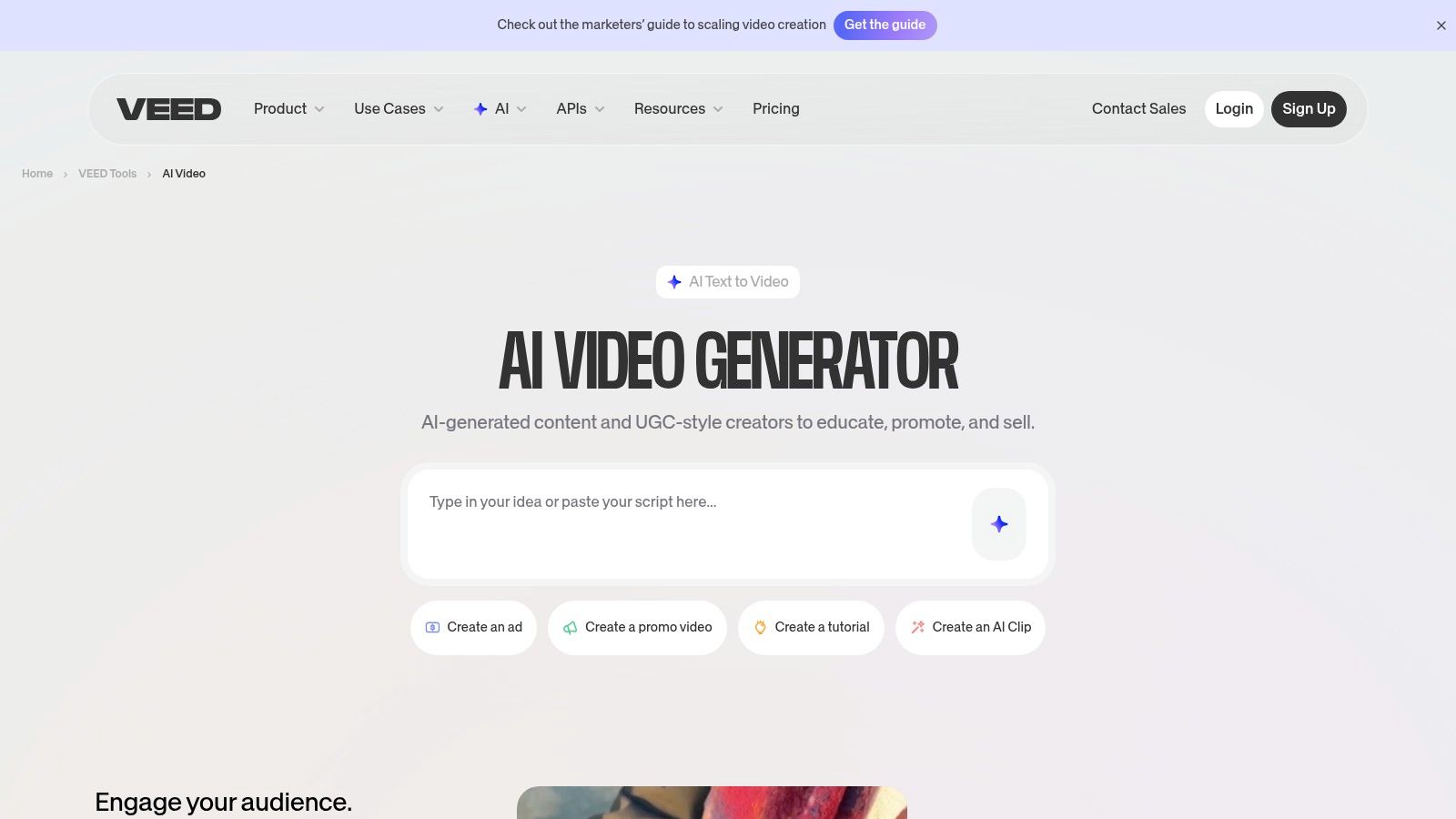 VEED.IO's AI generator interface is embedded within its video editing studio.