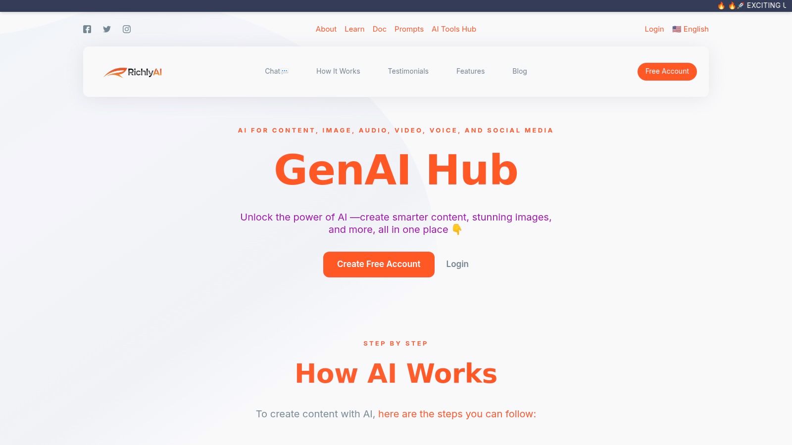 A screenshot of the RichlyAI website interface, showing a clean dashboard with options for AI text, image, audio, video, chat, and social media automation.