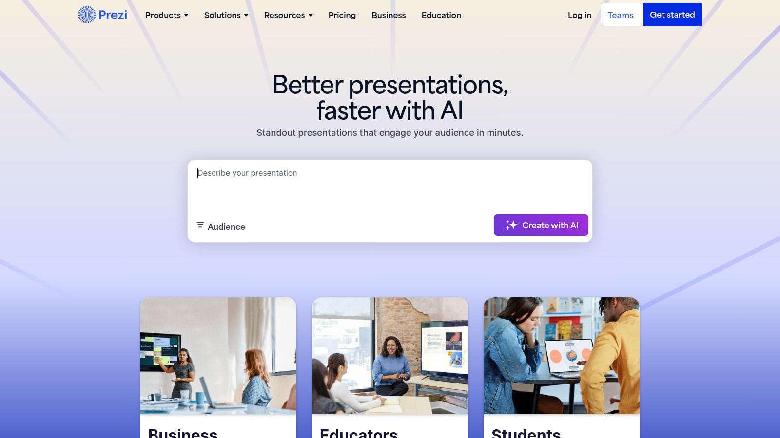 The Prezi AI interface showing a user generating a new presentation from a text prompt, with options for tone of voice and target audience.