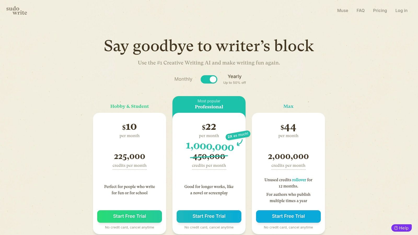 Sudowrite pricing plans page showing Hobby, Pro, and Max tiers.