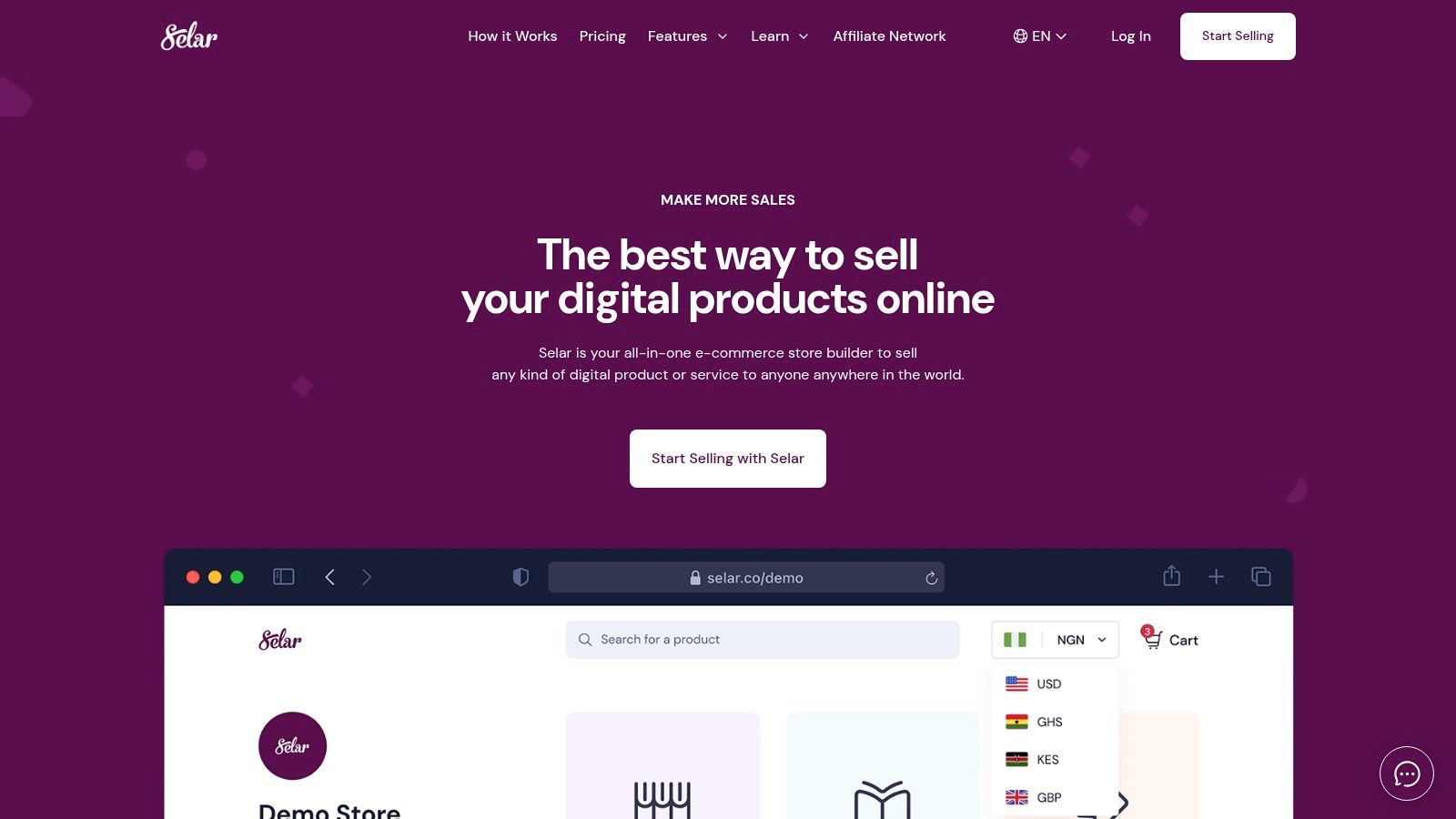 A screenshot of the Selar creator dashboard, displaying sales analytics, product listings, and balance information, showcasing its clean design for digital sellers.
