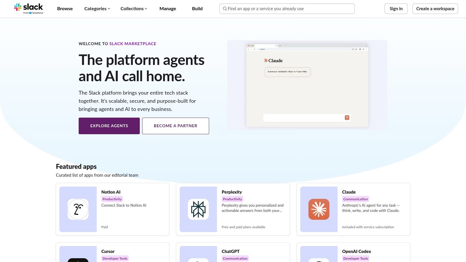 The Slack App Directory homepage showing featured apps and different categories, including AI.