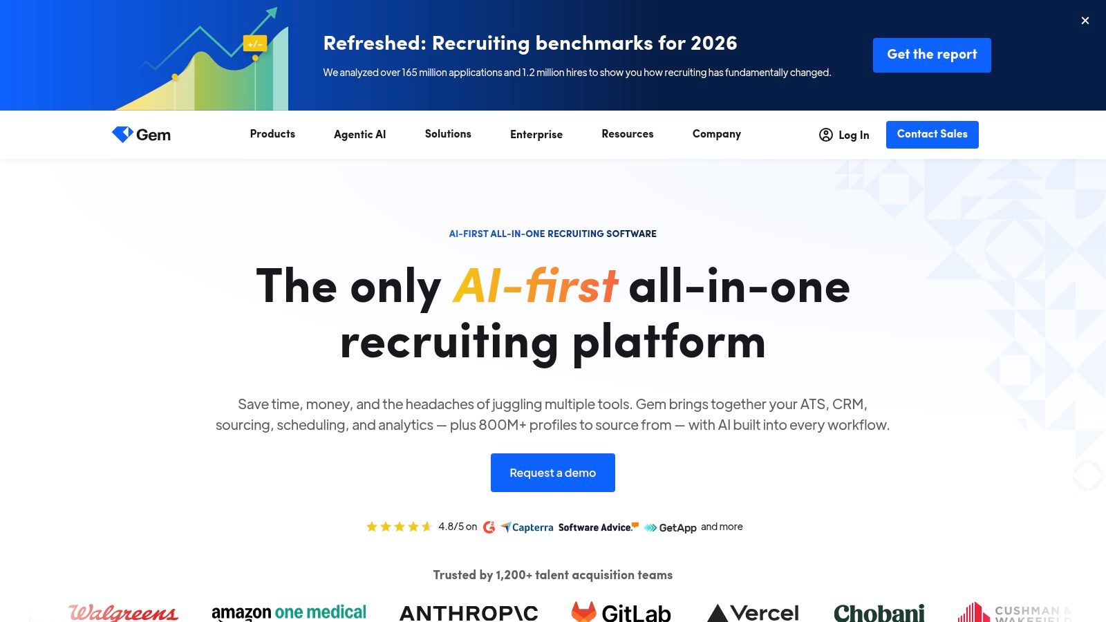 A recruiter using Gem's interface to manage candidate pipelines and outreach sequences.