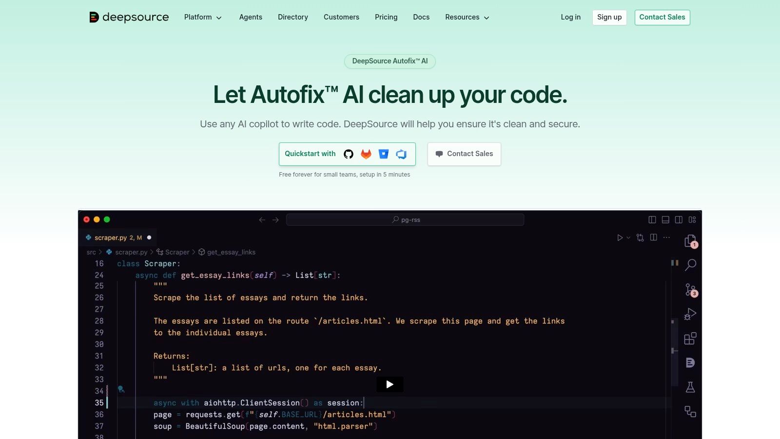 DeepSource's Autofix feature showing a proposed code fix within a pull request.