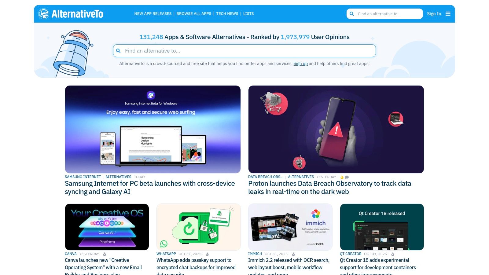 A screenshot of the AlternativeTo website, showing the search results for a popular software and a list of alternative applications with user ratings and tags.