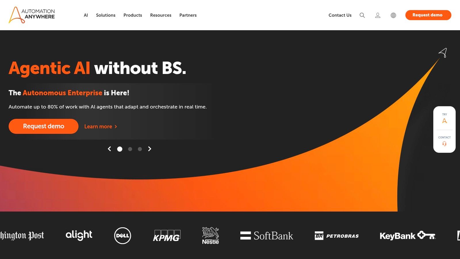 The Automation Anywhere homepage showcasing its platform for intelligent automation and process discovery.