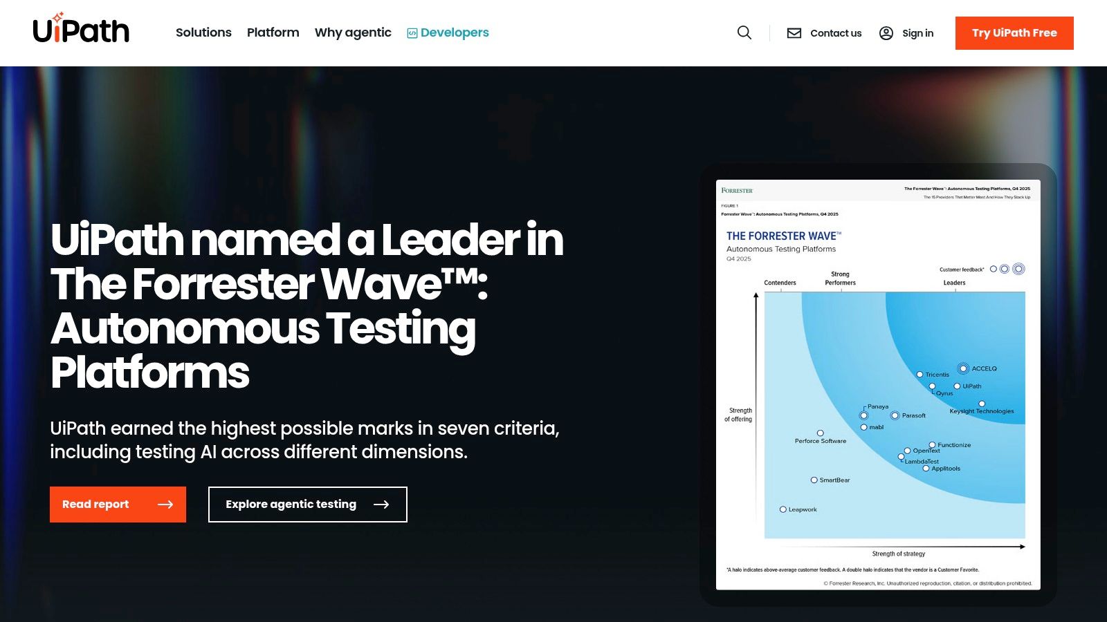 A diagram showing UiPath's position as a leader in The Forrester Wave for Robotic Process Automation.
