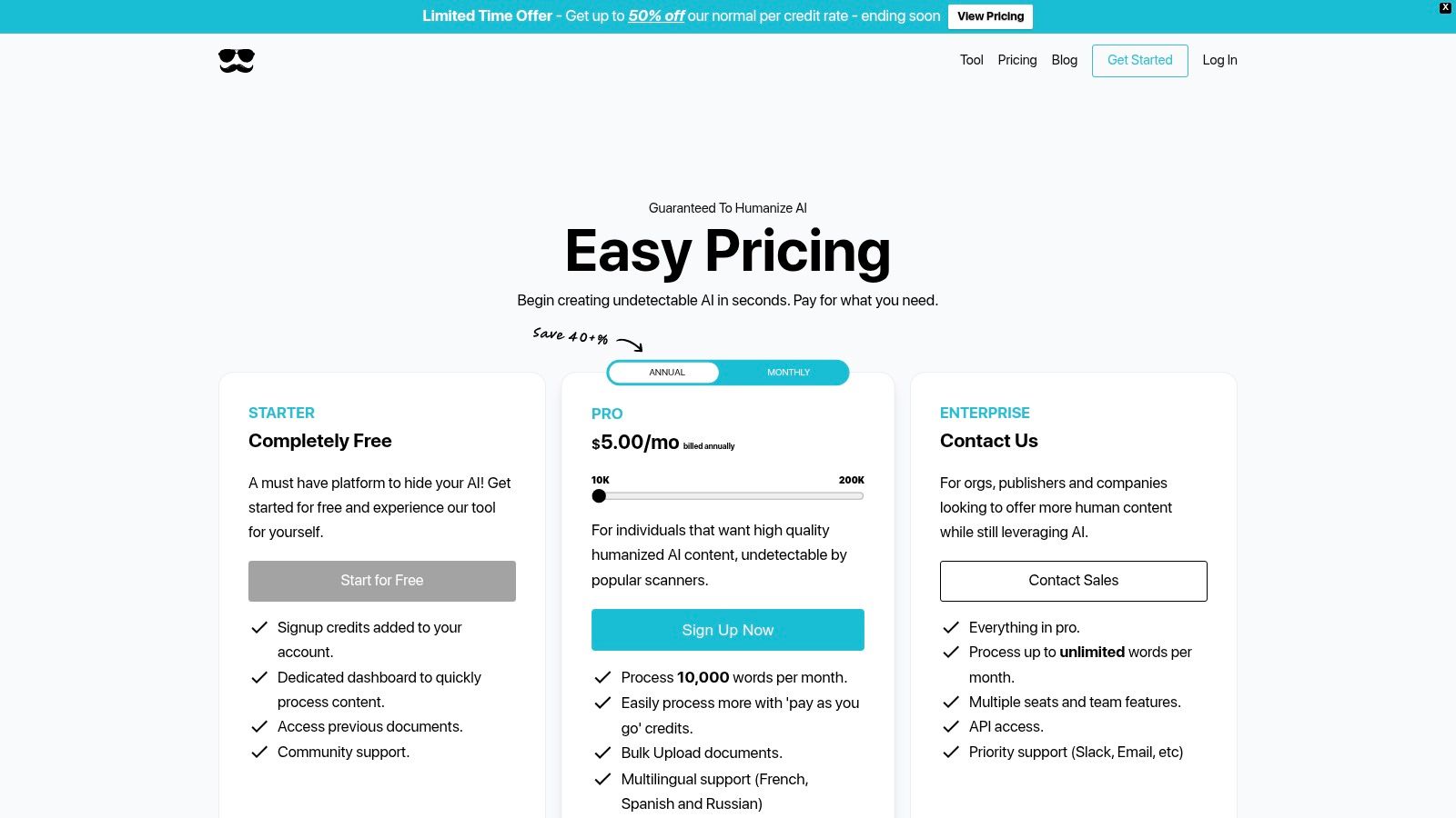 HideMyAI pricing plans showing a free tier and affordable Pro options