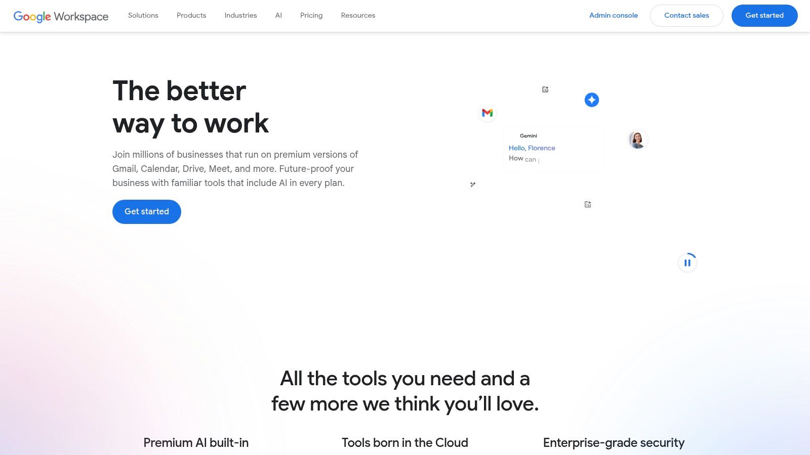 An animation showing the "Help me write" feature powered by Gemini in Google Docs, generating text for a job description.