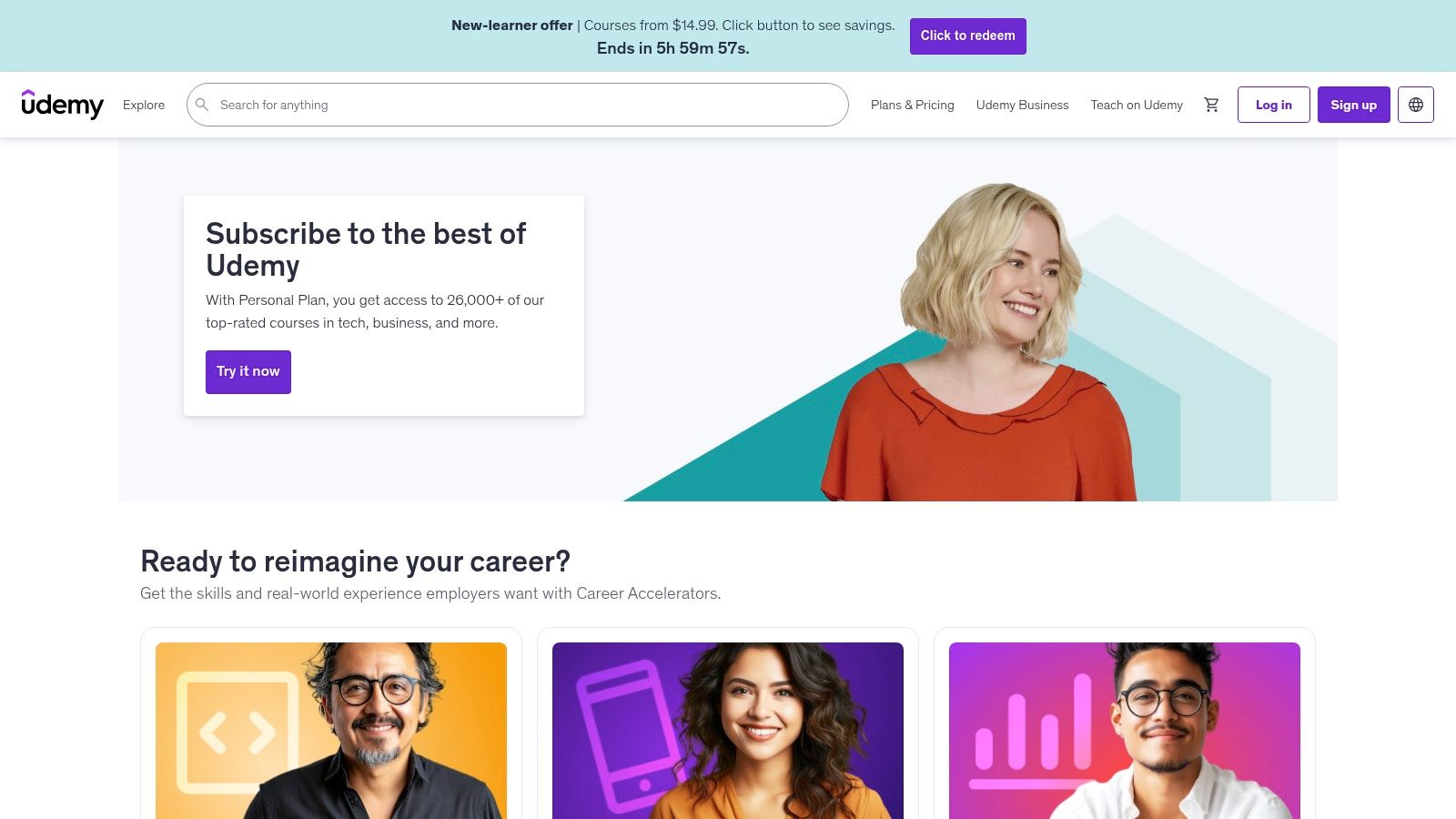 A screenshot of the Udemy homepage showing various course categories like Development, Business, and IT & Software.