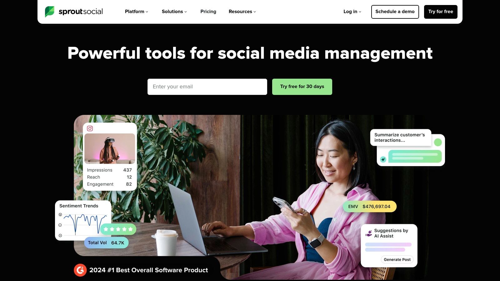 A screenshot of the Sprout Social dashboard showcasing its social media analytics and AI features.