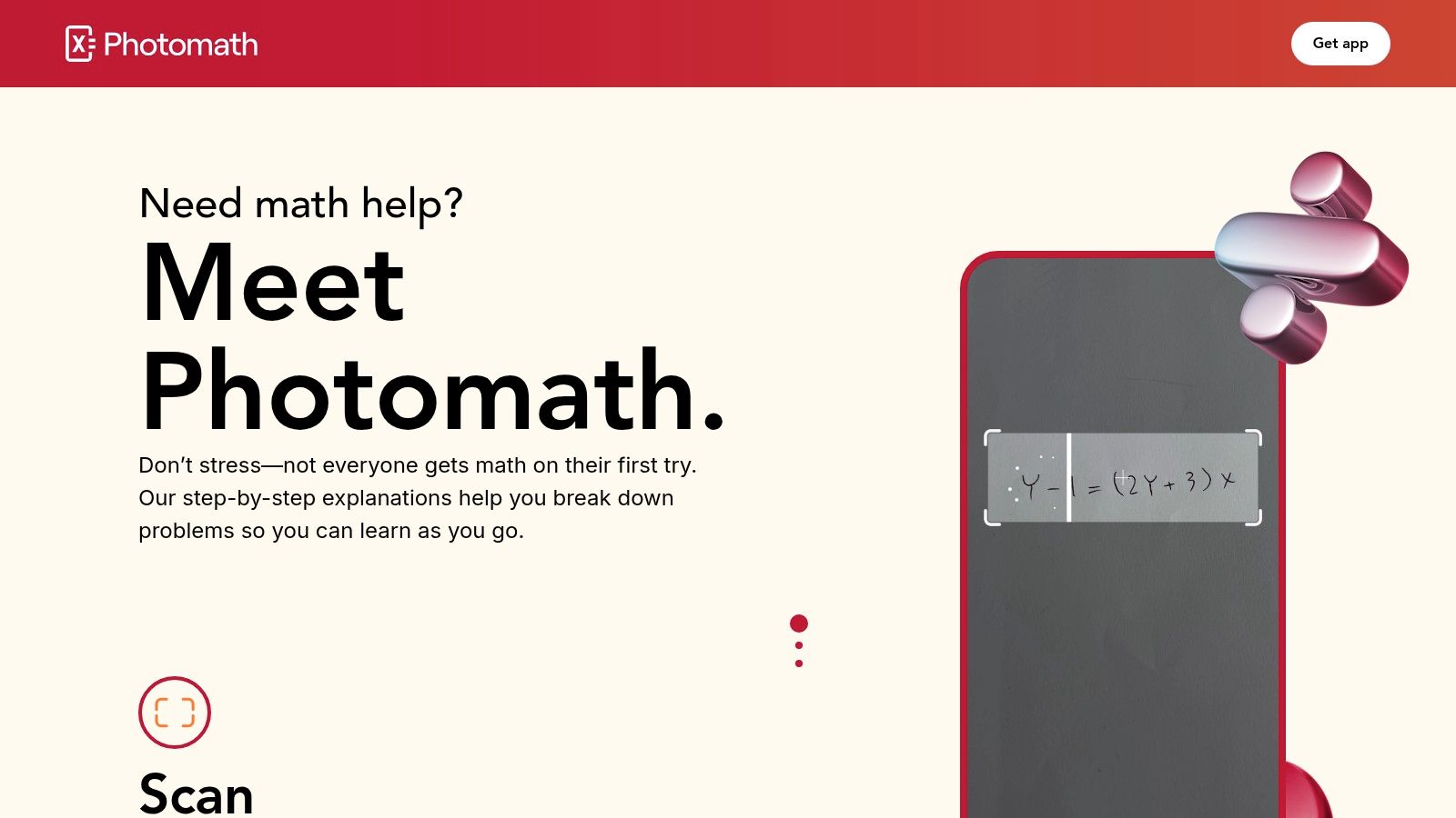 Photomath app showing a scanned algebra problem with a step-by-step solution