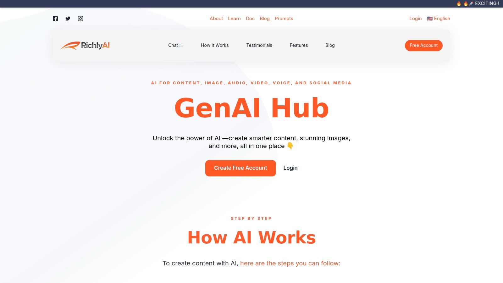 A screenshot of the RichlyAI dashboard, showing various AI tools for content creation and social media automation.