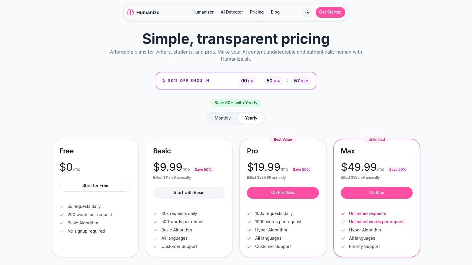 Pricing plans for Humanize.sh, an AI humanizer tool
