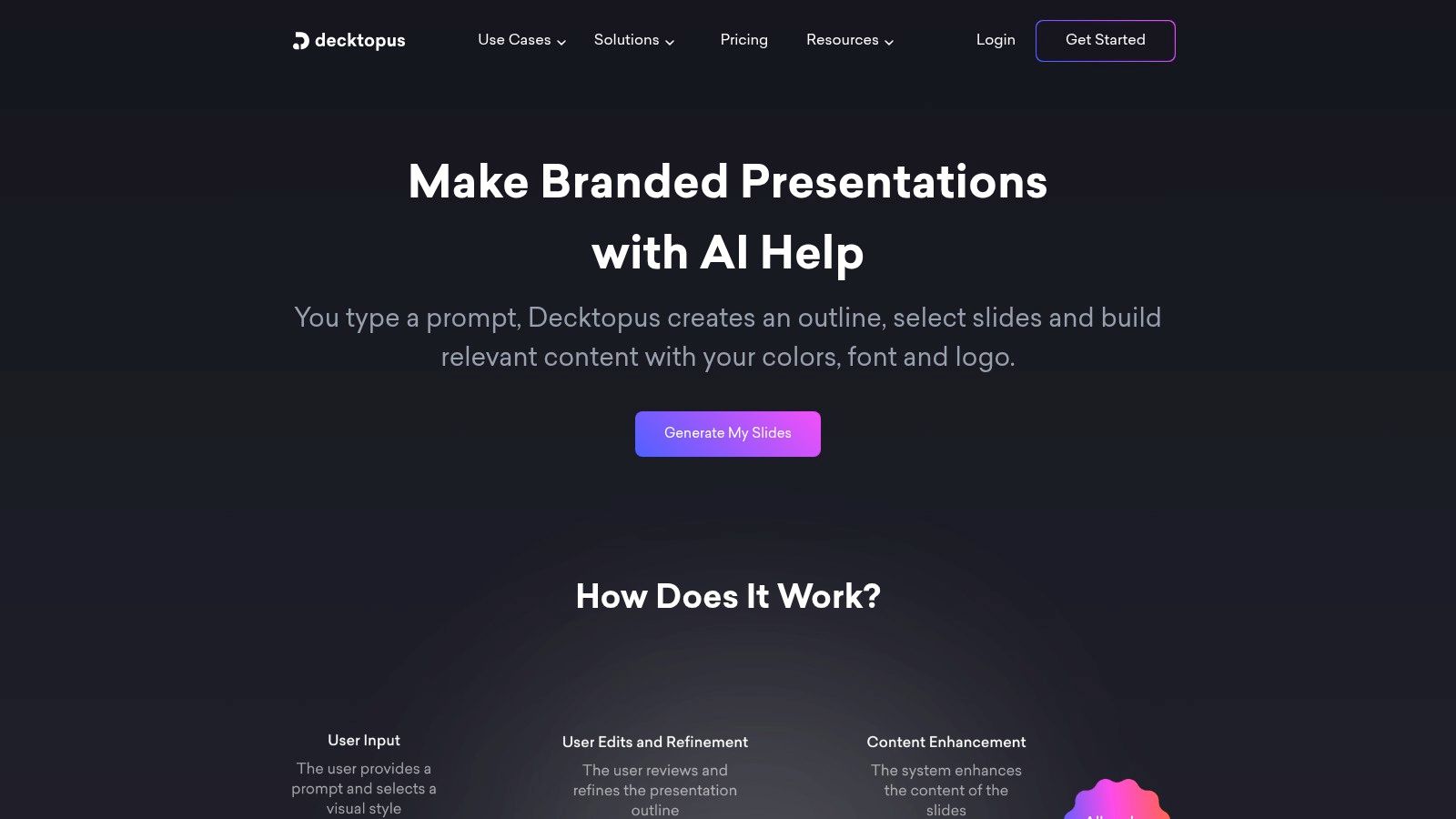 The Decktopus AI user interface showing a presentation with options for editing slides, adding elements, and viewing analytics, highlighting its business-focused features.
